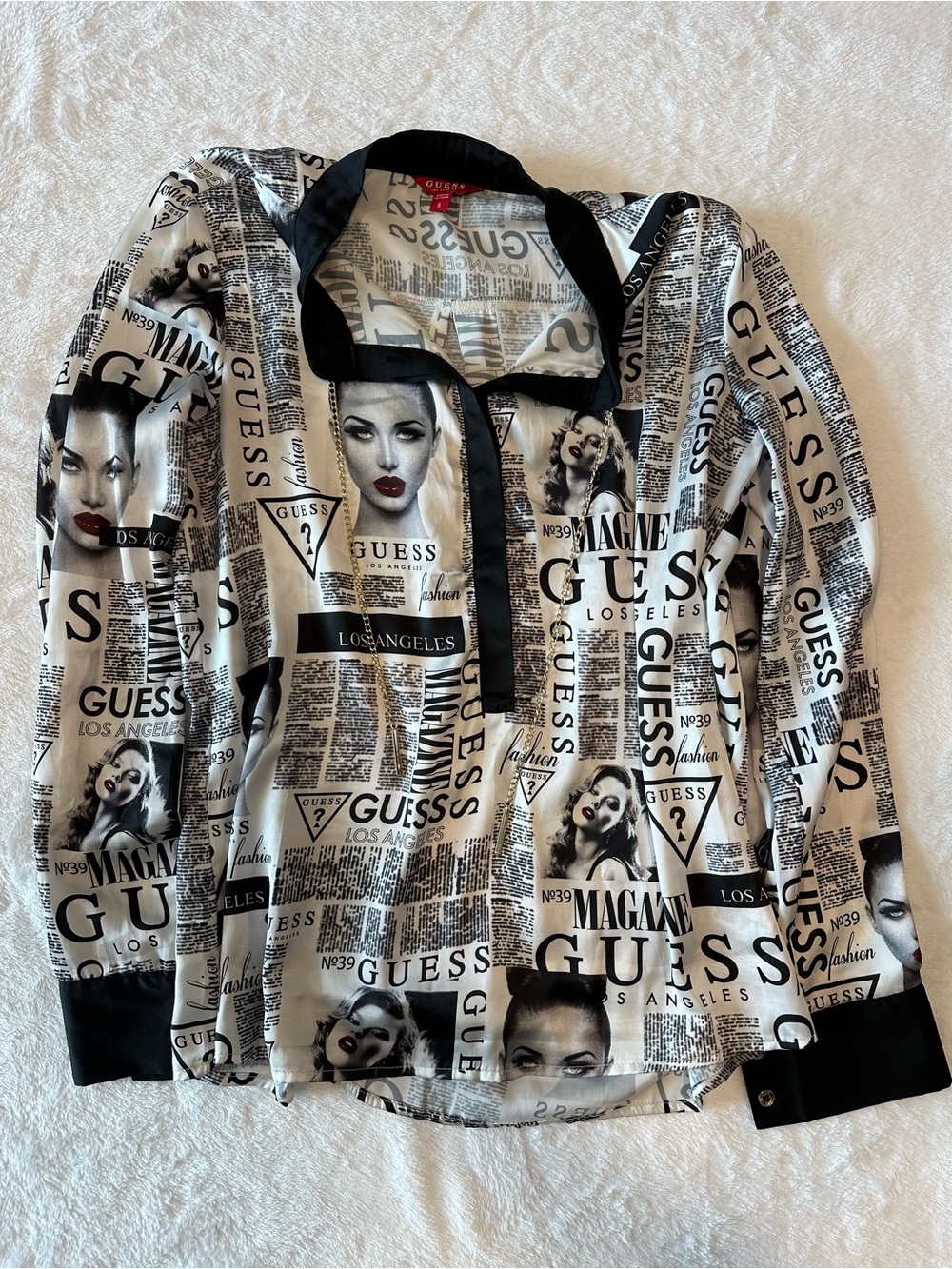 Guess Black & White Logo Newspaper Print Shirt